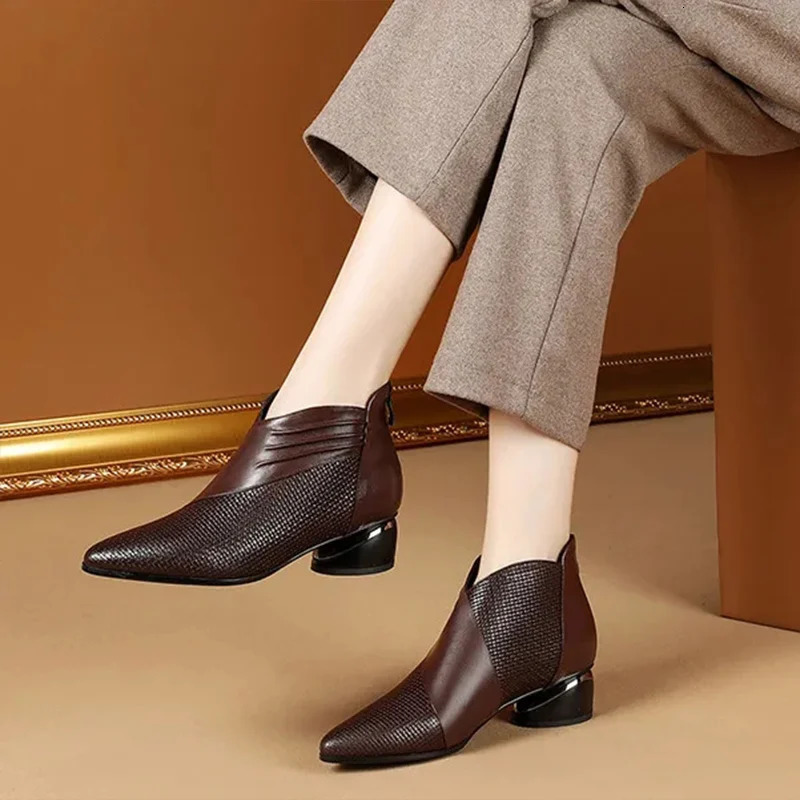 Fashion Leather Ankle Boots Womens Pointed Toe Sneakers Autumn Shoes Ladies Office Low Heels 260928