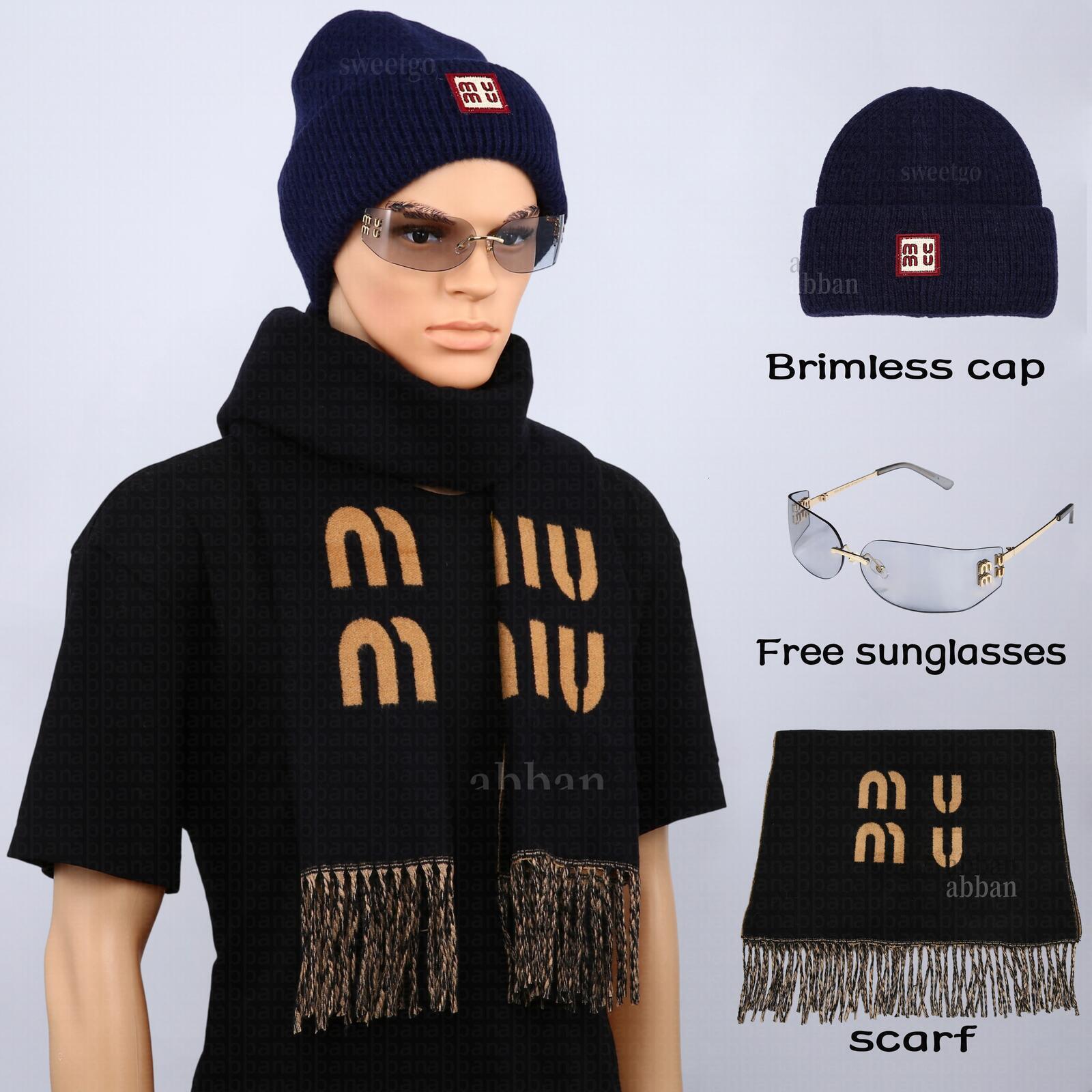 with Free Sunglasses Knit mm Beanie Hat and Set Cuffed Brimless Cap Letter Pattern Fringed Scarf Fall Winter Outfit Accessories Gift