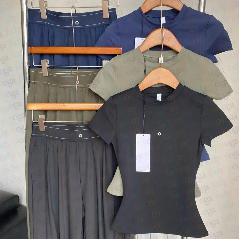 Women Summer 2 Piece Yoga Set Quick Dry Short Sleeve Top High Waist Wide Leg Pants Athleisure Sports Outfit