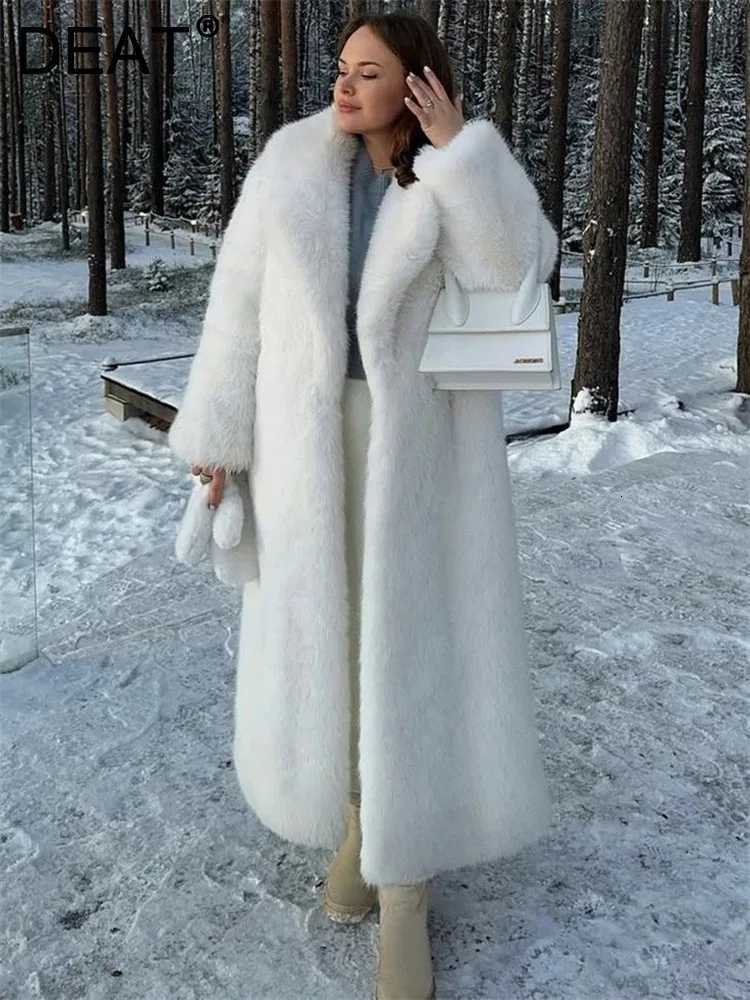 DEAT Fashion White Faux Fur Coat Women's Lapel Loose Long Sleeves Plush Thick Mid-length Jackets Winter New 7A725 X260929