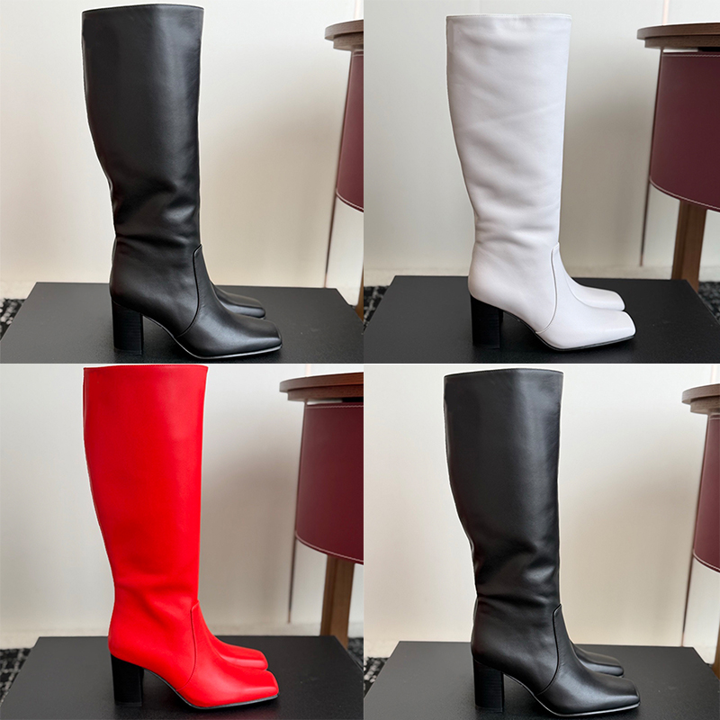High Quality Lady Smooth Leather Knee High Boots Exquisite Square Head Chunky Heel Knee Boots Autumn Winter Party Outfit