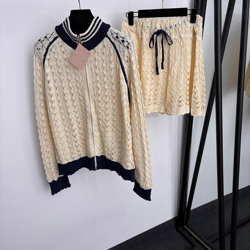 Luxury Women Stand Neck Cardigan Skirts Set Color Blocked Knitted Jackets Mini Skirt Outfits Autumn Summer Vacation Party Evening Sweaters