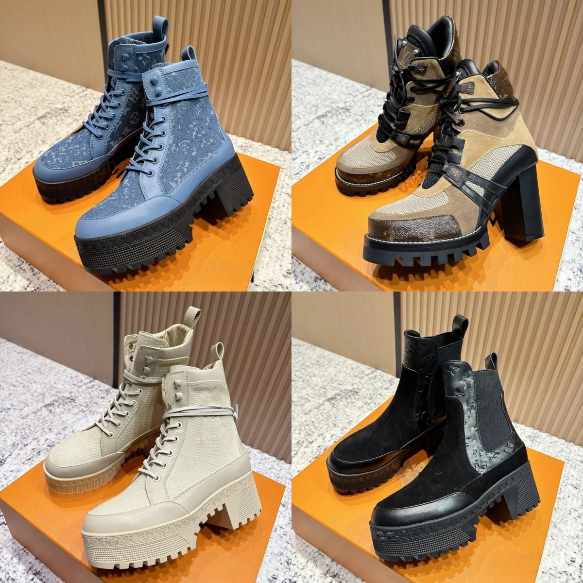 boot woman designer suede block heel strap buckle round toe leather patent outdoor city luxury comfortable brown black gold nude white retro platfor