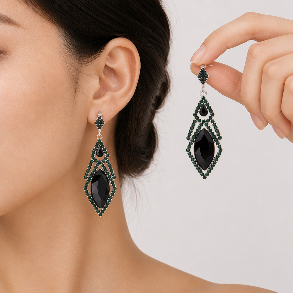 Boucles d'oreilles Marquise en cristal vert avec pierre noire et dessus en losange pour femmes, cadeau de fête de mariage, vente en gros