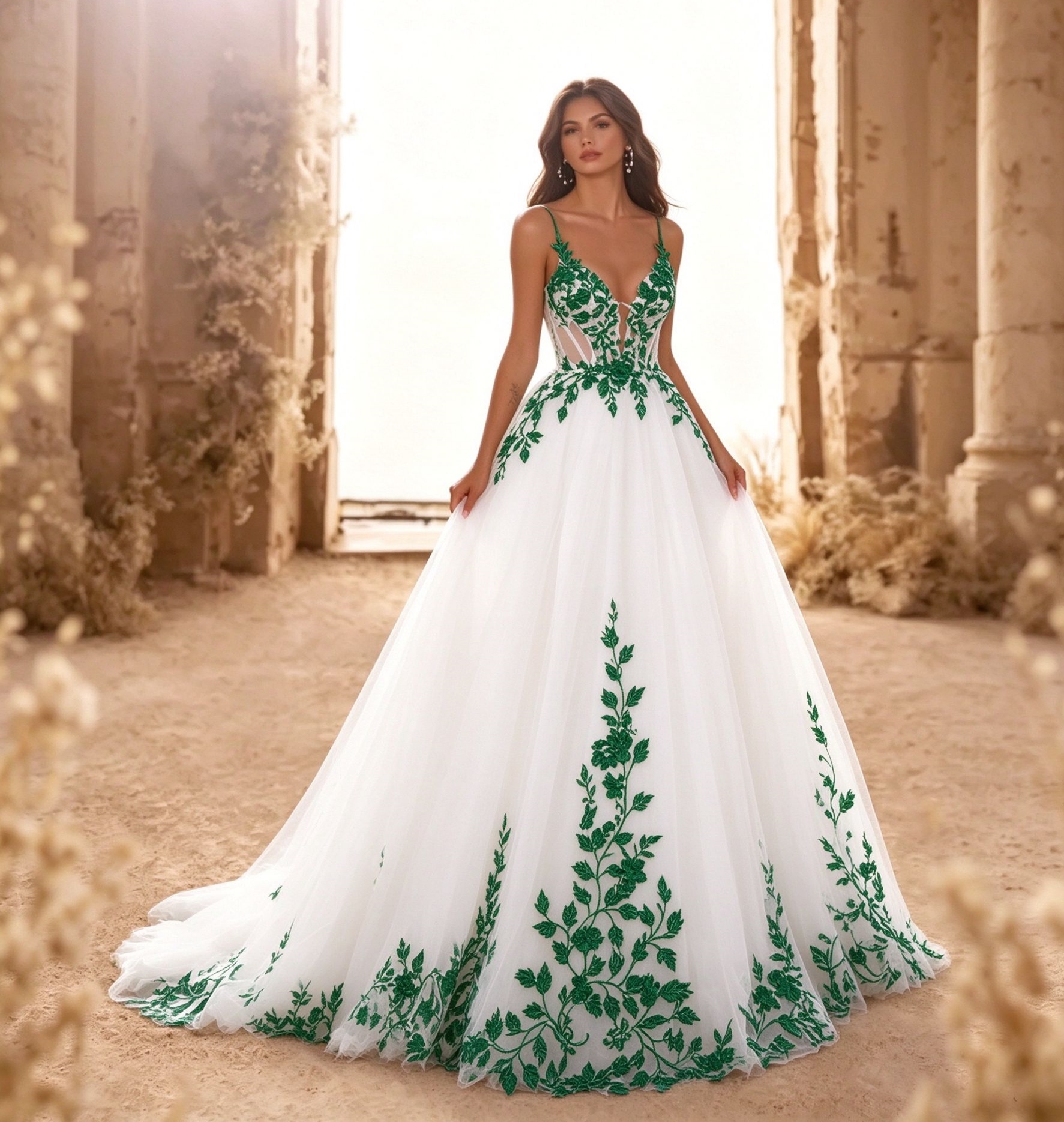Boho White Tulle Wedding Dress Spaghetti Strap V Neck Green Leaf Lace Appliques A Line Bridal Gown Floor Length Train Beach Bride Formal Wear Custom
