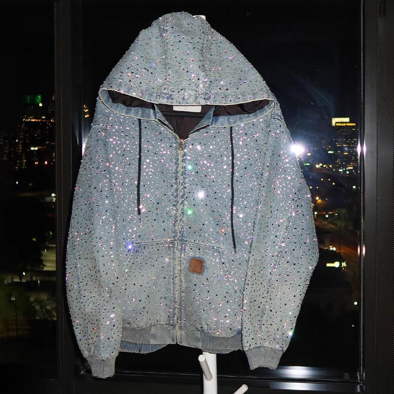 Designer Best-seller Veste à capuche en denim strass pour hommes Coupe ample Hip Hop Streetwear Diamant clouté Zip Up Manches longues Y2K Vêtemen