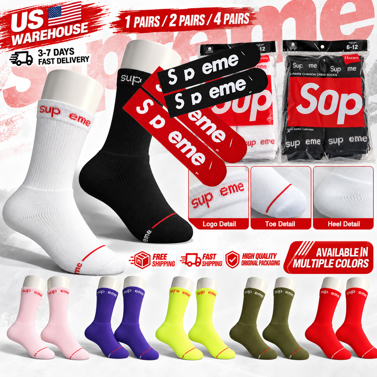 Supreem Men's Sport socks Cotton 1/2/4 Pairs wholesale designer socks underwear fashion casual breathable high-quality designer skateboarding h