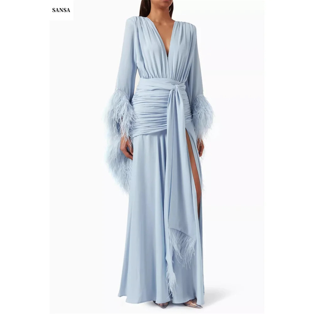 Sansa Customized V-neck Side High Slit A-line Prom Dresses Long Sleeve Elegant Evening Dresses Cascading Ruffle Party Dresses 260929