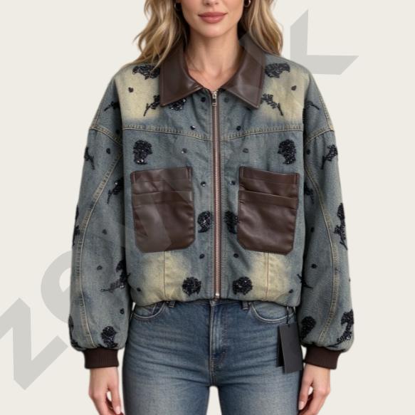 Designer Women Jacket Heavy Sequins Beaded Floral Denim Quilted Faux Leather Collar Patchwork Lapel Cotton Padded Coat Vintage Distressed Jean Outer