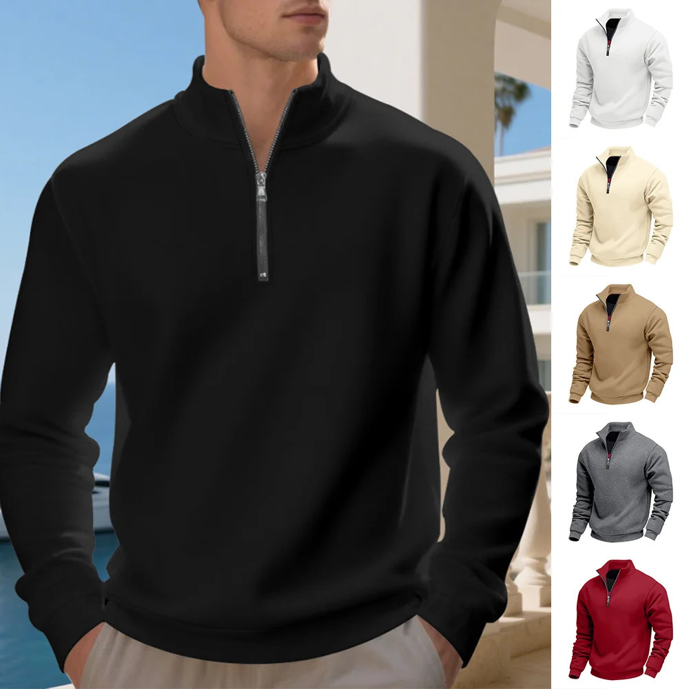 Autumn Winter Men's Fleece Quarter Zip Pullover Man Long Sleeved Loose Standup Collar Sweater Casual Comfy Mock Neck Sweatshirt 260929