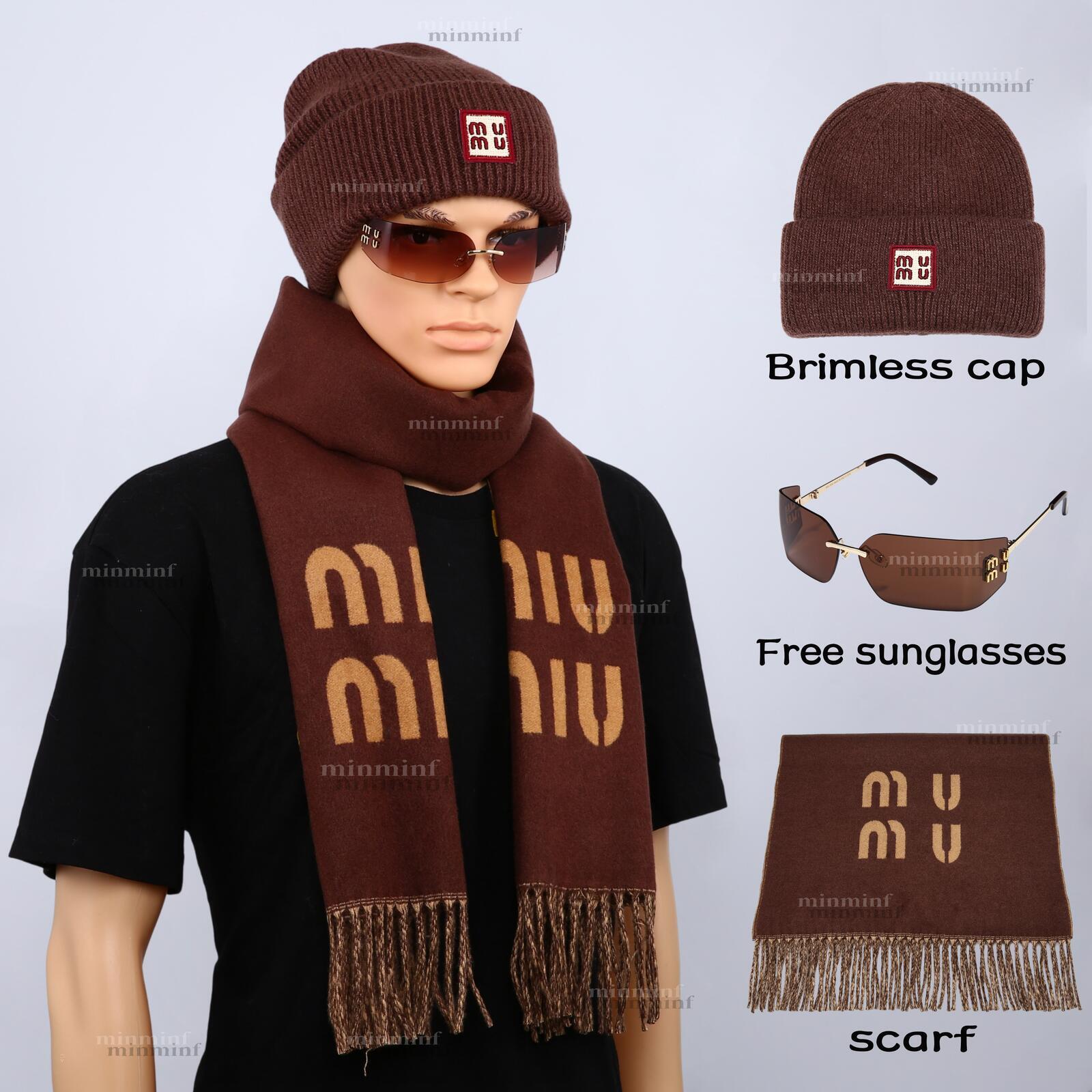 Knit Cuffed mm Beanie Hat and Scarf Set Letter Pattern Fringed Scarf Fall Winter Outfit Accessories Gift with Free Sunglasses