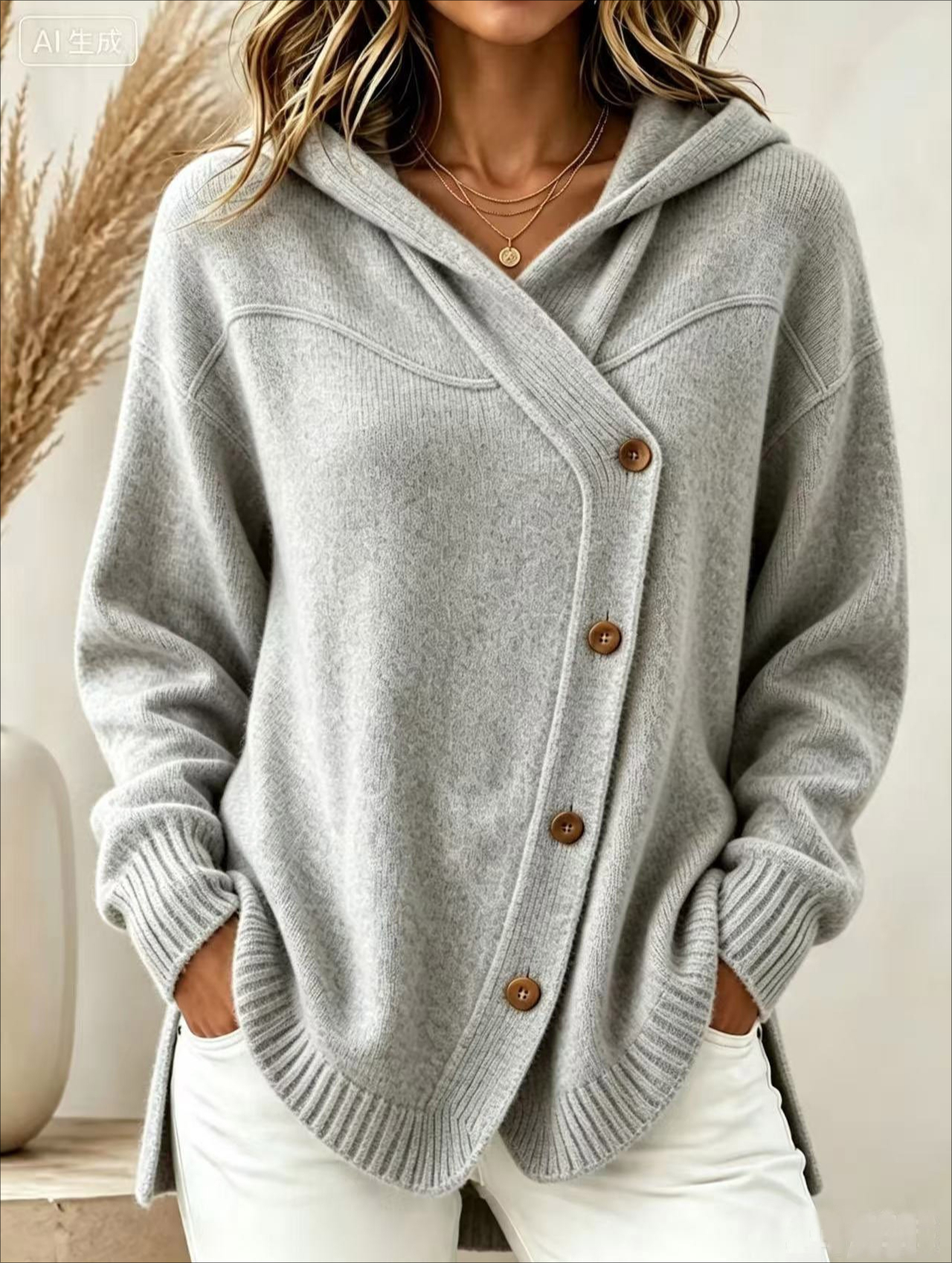 1816 European and American style autumn/winter new women's sweater casual loose button long sleeve hooded cardigan