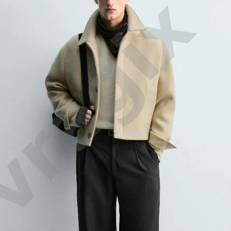 Veste courte en mélange de laine pour hommes, col à revers solide, bouton unique, poches plaquées sur le devant, manches longues, coupe ample, ma