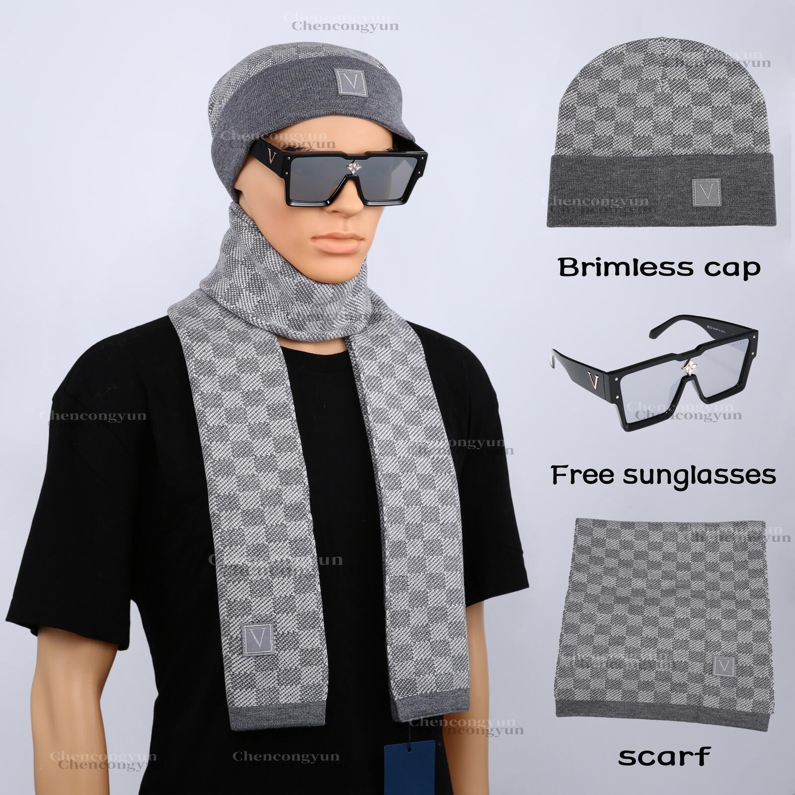 Plaid Letter Patch Knit Hat and Cuffed Beanie Long Scarf with Square 3-Piece Set Fall Winter Casual Fashion Gift Idea With Free Sunglasses