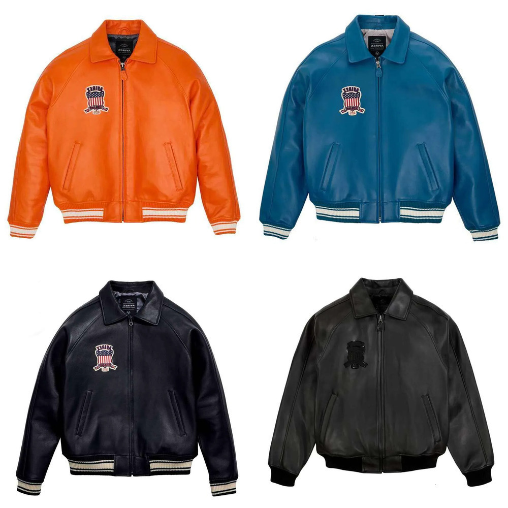 AVIREX Mens Genuine Leather Varsity Jacket Plus Size Thick European Lambskin with Embroidery High Quality Durable Outerwear 3