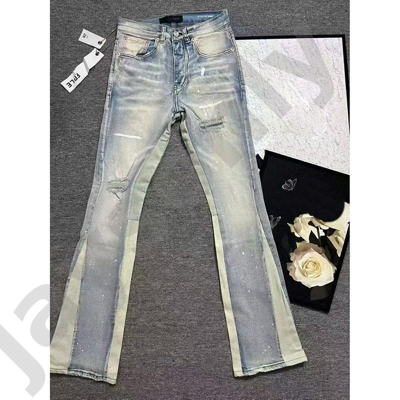 PUPPLE BRAND Men Flared Jeans Distressed Patchwork Denim Pants Mid Rise Slim Fit Bootcut Trousers Vintage Washed Streetwear Long Denim Pants Casual