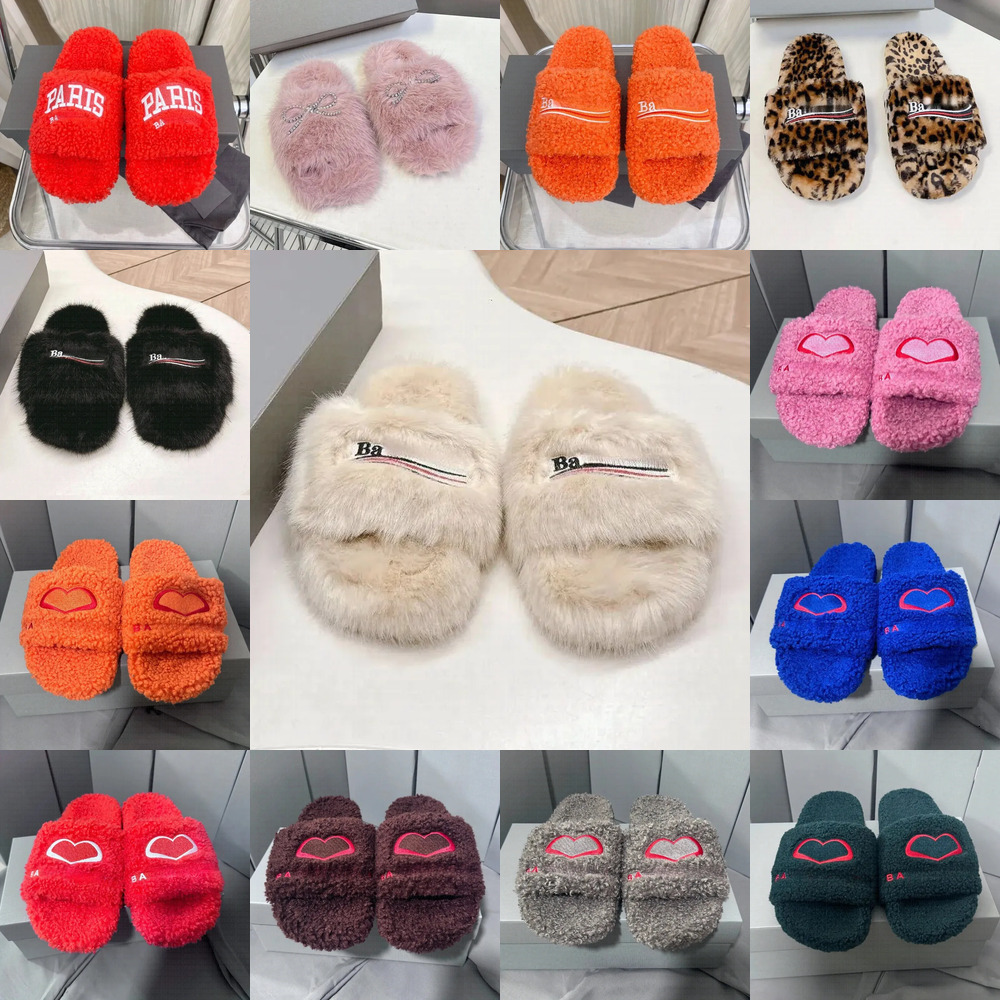 Luxury Triangle Slides Designer Men Women Slippers Ladies Wool Winter Fur Fluffy Furry Warm Letters Sandals Comfortable Fuzzy Girl Flip Flop Slipper