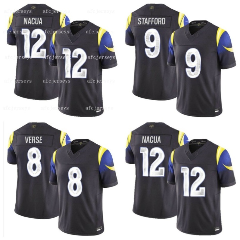 Maillot de football personnalisé en sergé cousu pour hommes et femmes, jeunes 12 Puka Nacua 9 Matthew Stafford 8 Jared Verse Davante Adams Willia