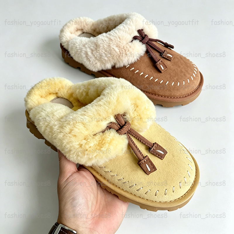 Designer Coquette Stitch Slippers Winter Mules Fluffy Slides Women Mens Wool Genuine Leather Fur Slipper Slip On Thick Soles Outdoor Casual Shoes