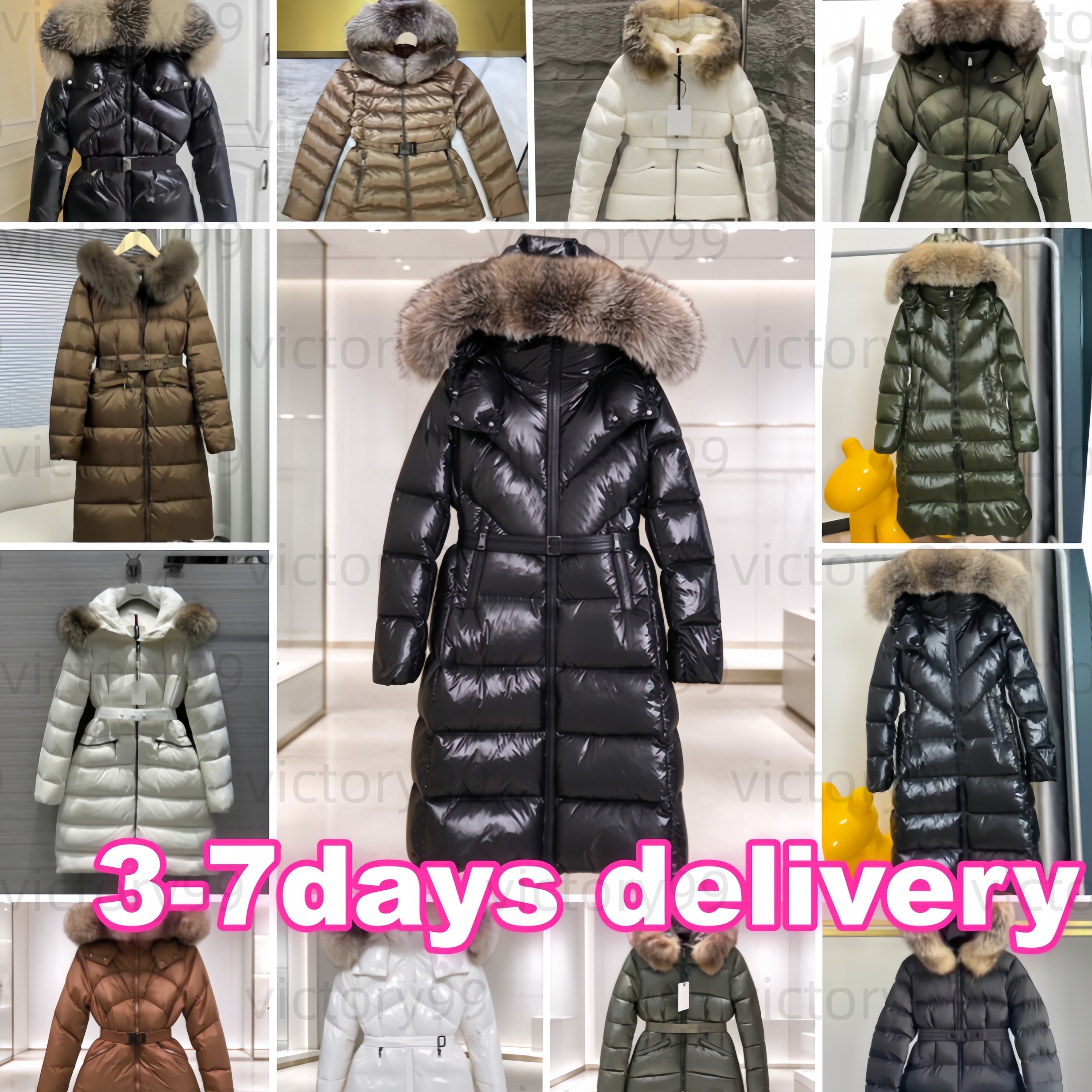 Womens Winter Puffer Coat Shiny Black Hooded Big Fur Collar Belted Slim Fit Down Coat Designer Luxury Warm Parka Long & Short Style Ladies Winter Ou