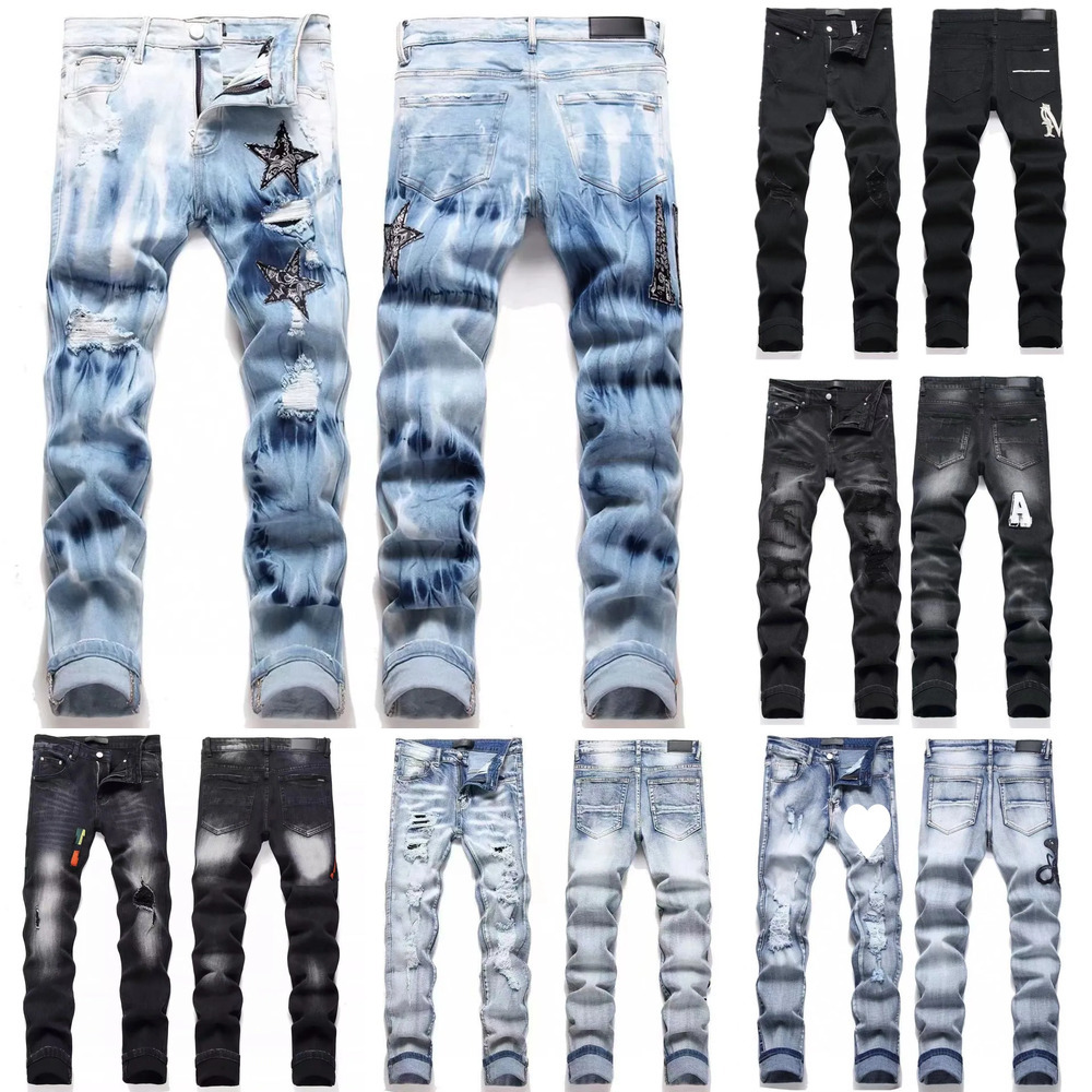 Men's Designer Jeans Embroidery Hip Hop High Street Joker Denim Pants Broken Hole Patch Elastic Slim Feet Pencil Casual Straight Long Trousers