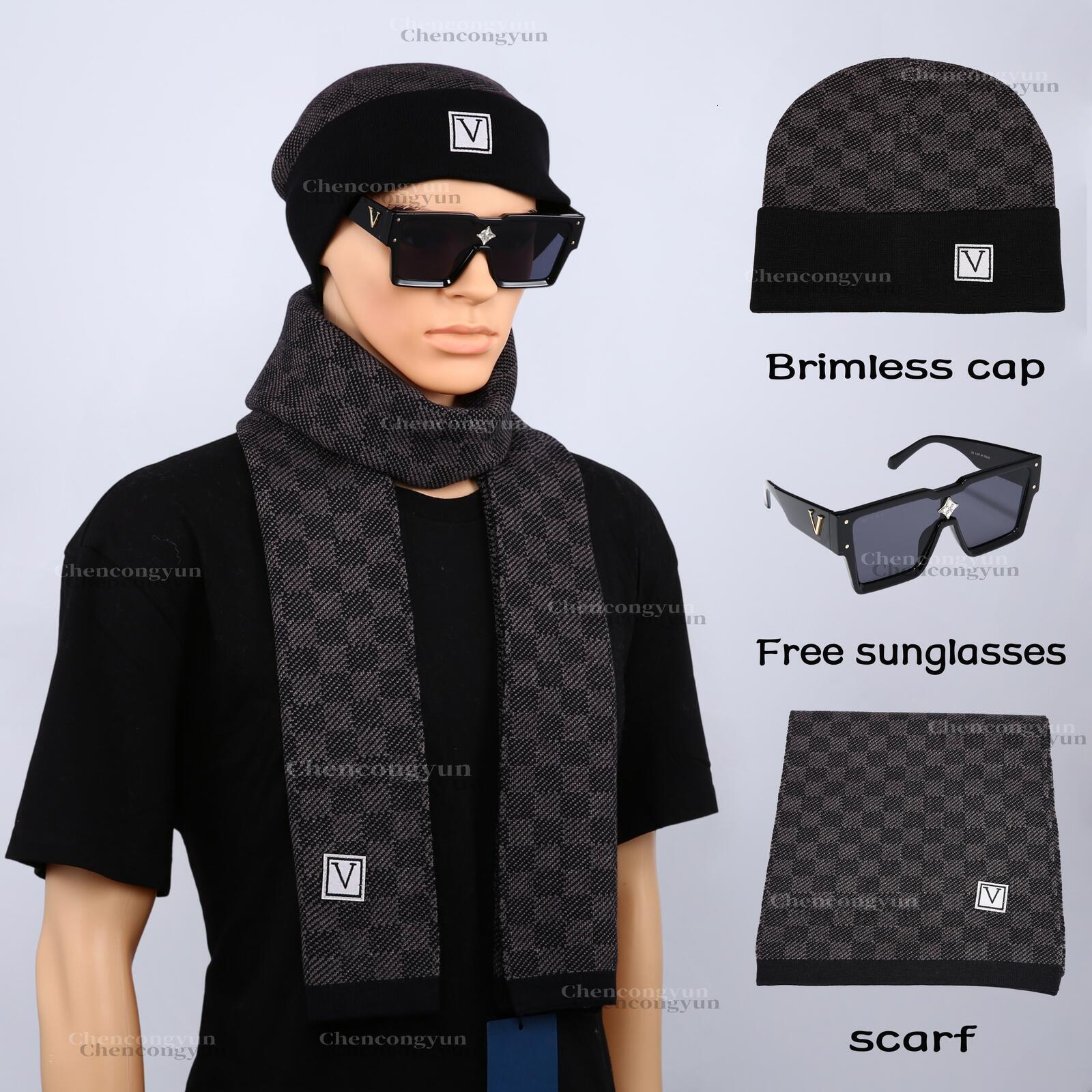 Autumn Winter Three-Piece Set Cuffed Knit Beanie Long Scarf Check Pattern and Letter Details Casual Fashion Accessories Gift Idea with Free Sunglass