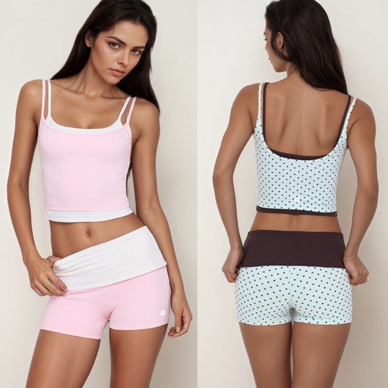 A3057 Women's Yoga Set Polka-Dot Print Color-Blocked Spaghetti-Strap Tank Top and Rolled-Waist Fitness Shorts
