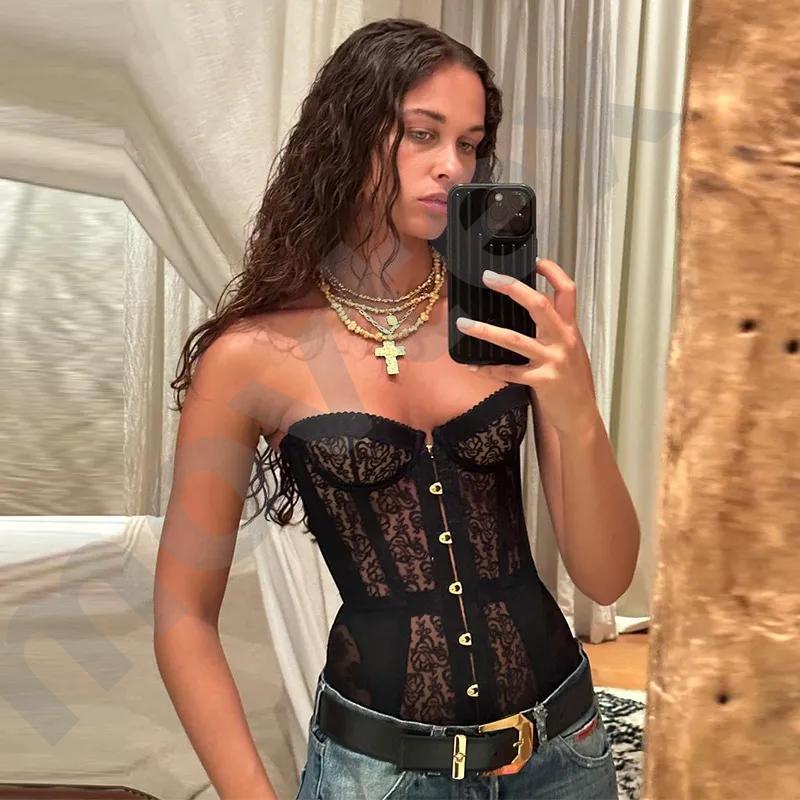 Women Sheer Floral Lace Cami Top Square Neck Slim Fit Spaghetti Strap Mesh Tank Top See Through Lace Cropped Camisole Elegant Bodycon Lace Sleeveles