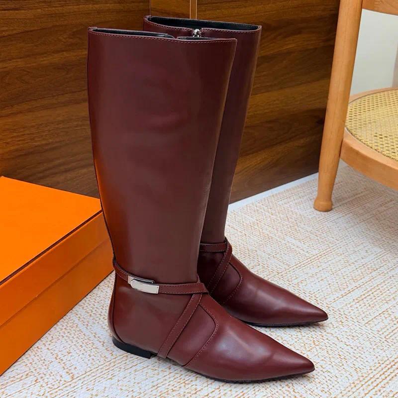 Designer boots genuine leather women's boots with zippers and knee-length design featuring side buckles delicate pointed toes Top quality boots