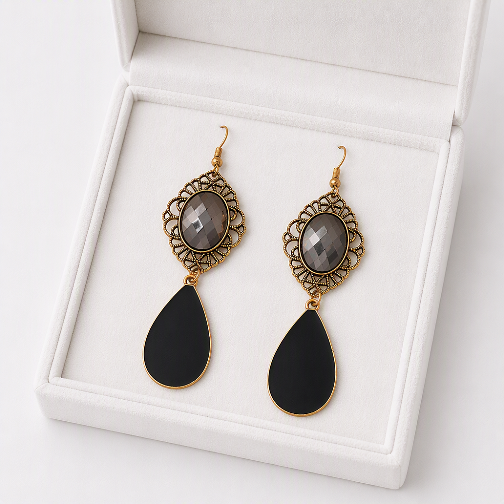 Gold Plated Vintage Earrings Black Teardrop Crystal Filigree Lace Dangle Women Fashion Jewelry Wholesale From Factory