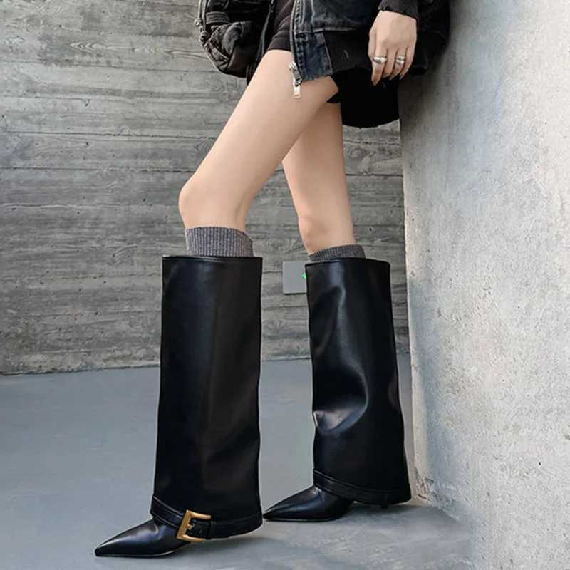 YK Metal Buckle Designer Knee High Boots Women Winter Sexy Heel Pipe Plus Size Woman Leather Black Long Booties Q