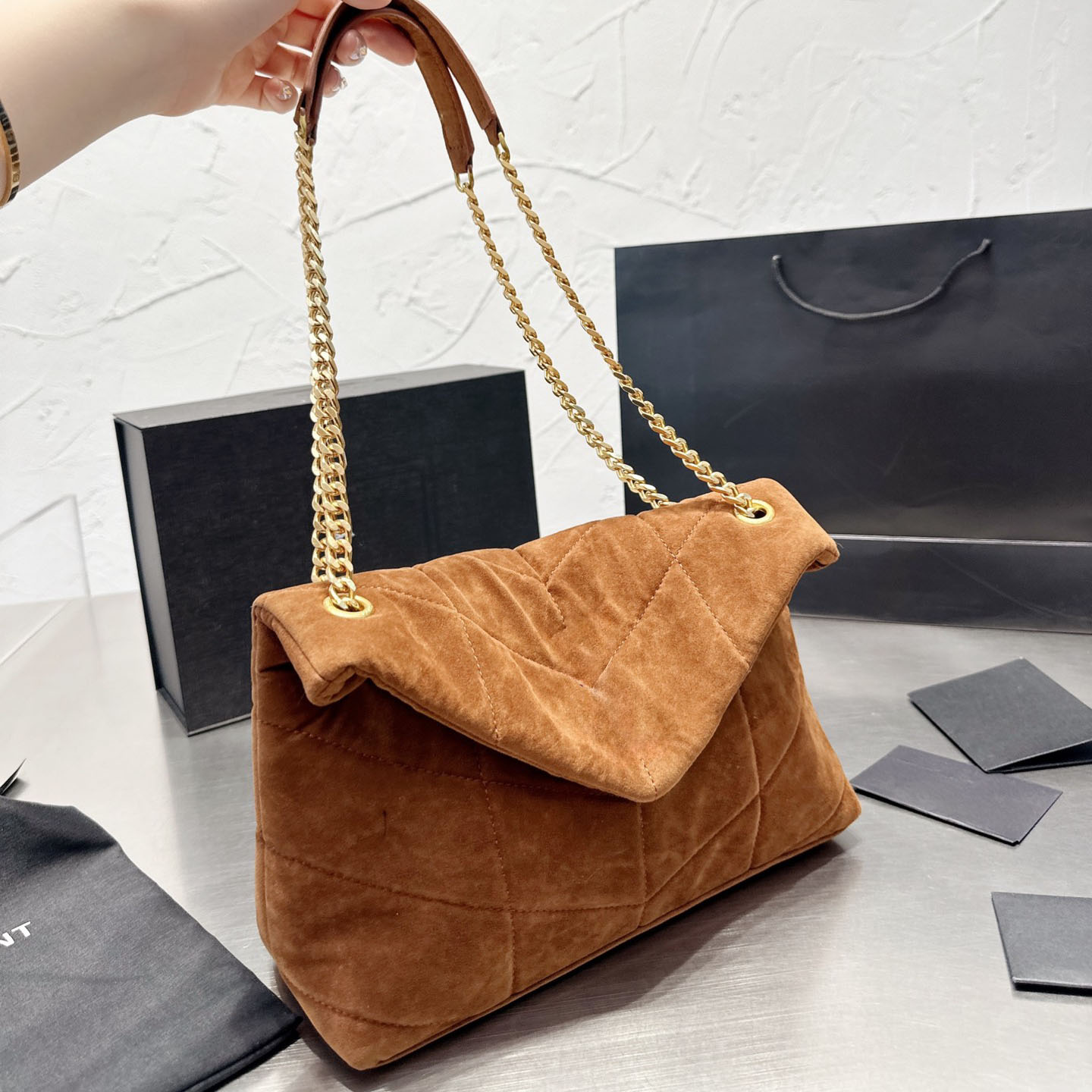 Designer Puffer Suede LouLou Bag Envelope Bag Quilted Chain Shoulder Bag Women Soft Flap Crossbody Handbag Lightweight Envelope Purse with Gold Meta
