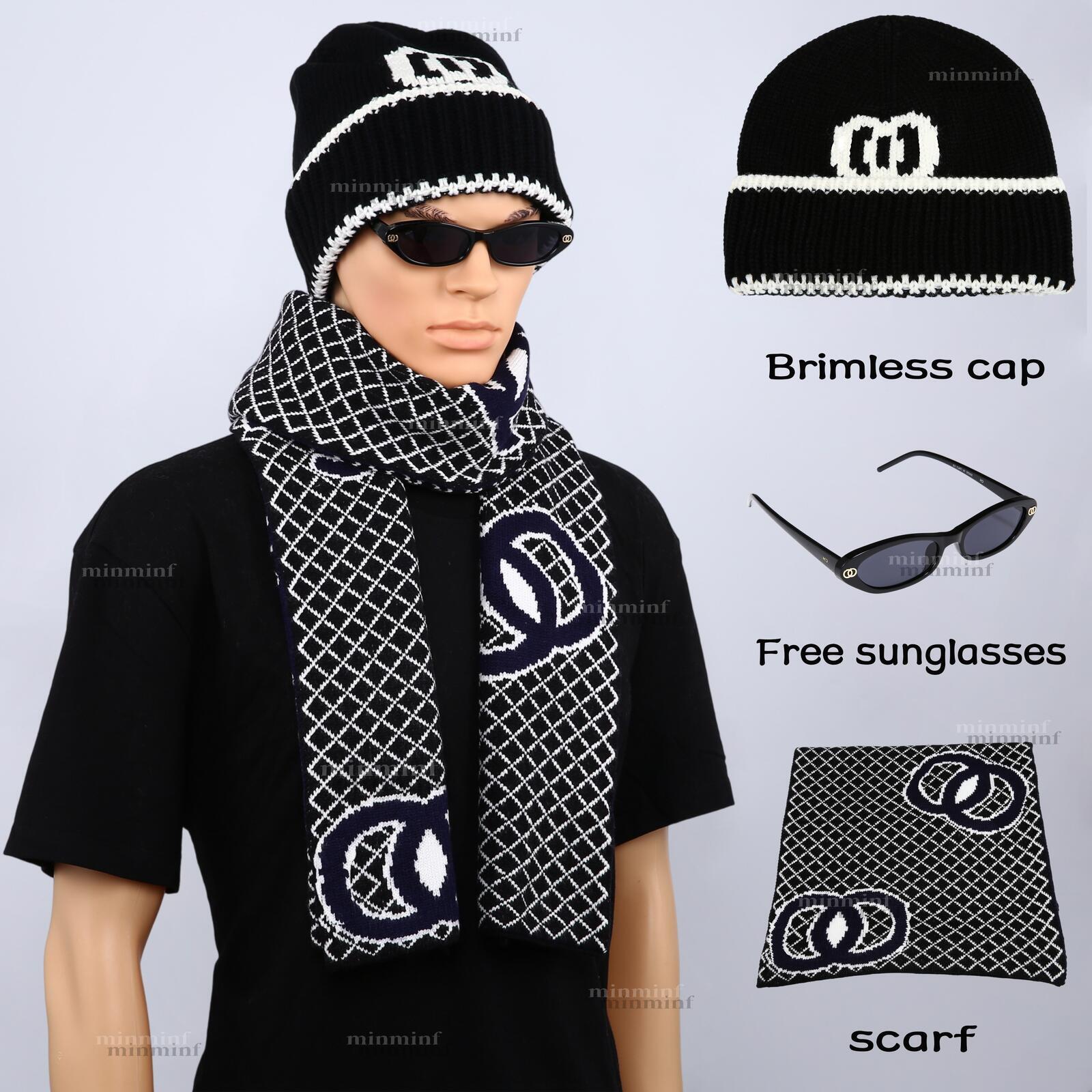 con gafas de sol gratis Conjunto de bufanda de gorro con puños de punto Motivo de medio anillo doble Ribete de sombrero a rayas y bufanda con entram