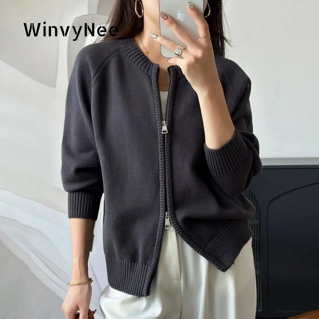WinvyNee Women's Clothing 100 Cotton Solid Crew Neck Zip Loose Soft Thick Long Sleeve Cardigan Spring Knitted Outwear ZA100 260929