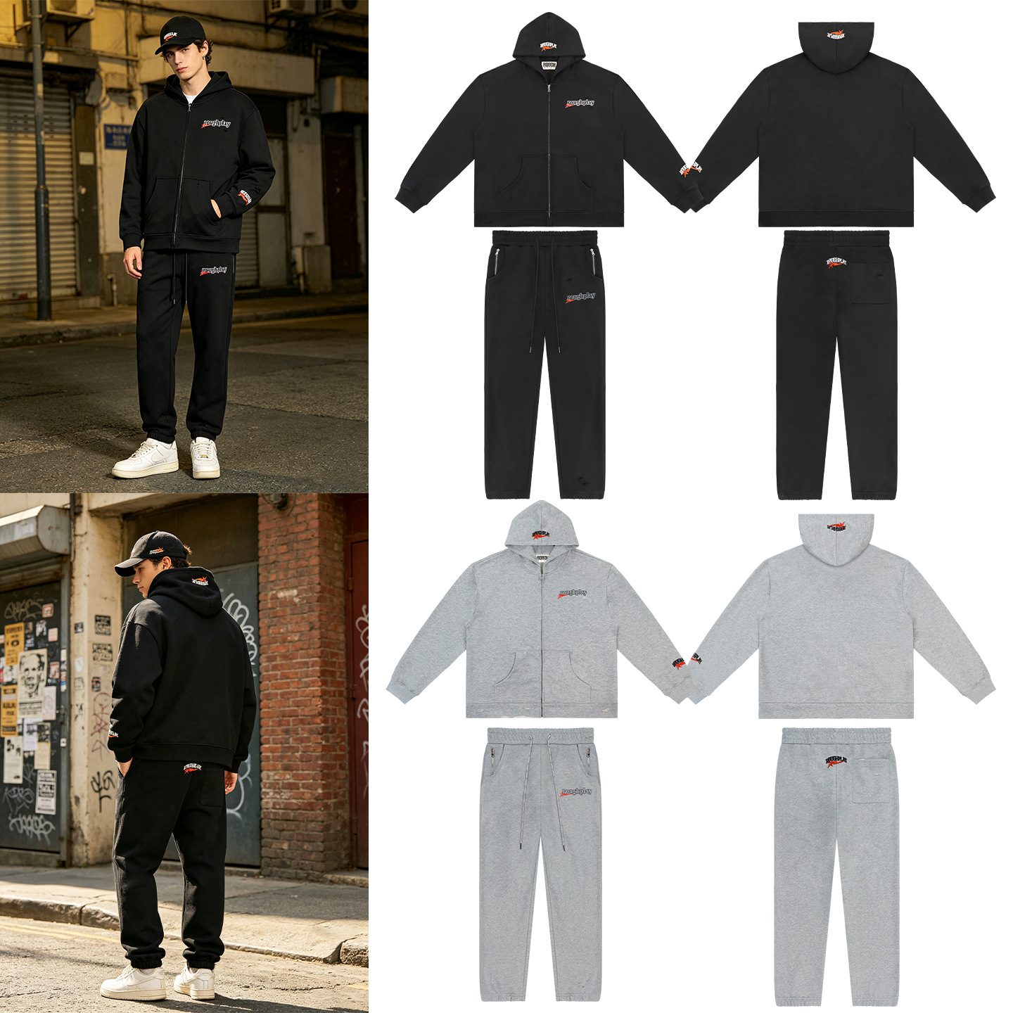 Mens Tracksuits Roughplay suit Zipper hoodie set Vintage Washed Ripped Distressed Casual Streetwear hoodie