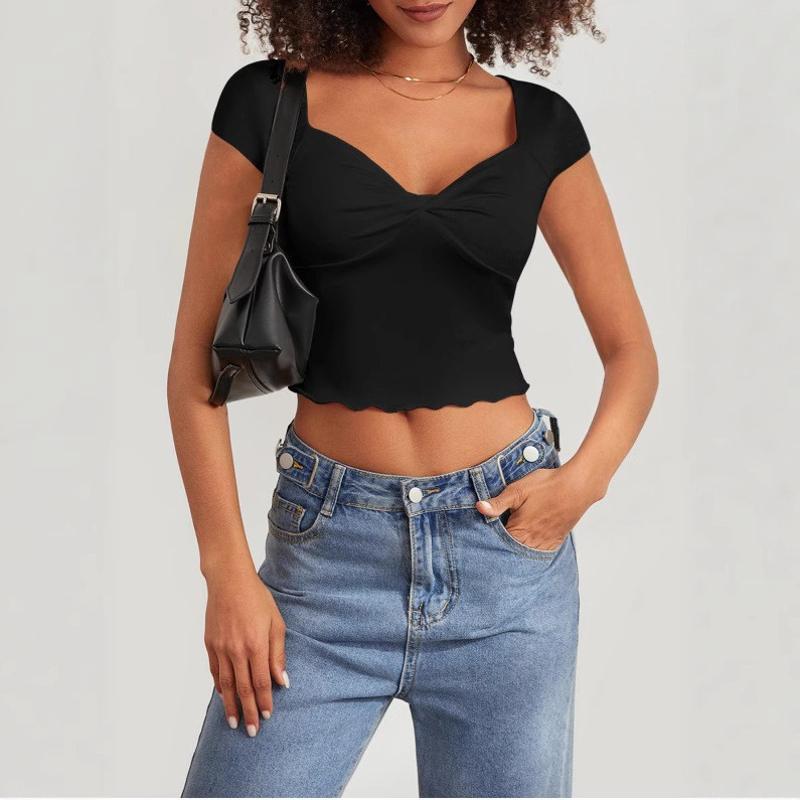 Designer Best-seller Femmes V Cou À Manches Courtes Top Été 2025 Slim Fit Volants Garniture Solide Noir Tee Élégant Trajet Blouse Décontractée Po