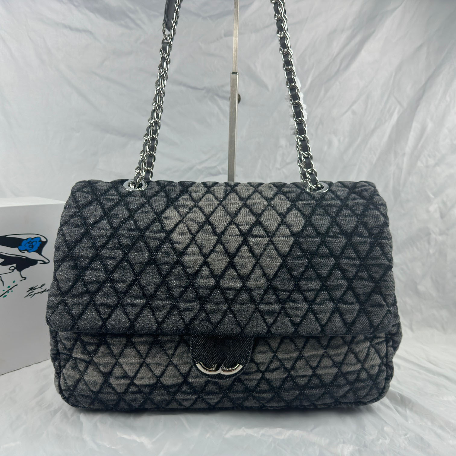 Maxi Flap Washed Denim Quilted Airport bag Shoulder Bag Women Large Capacity Chain Crossbody Handbag Diamond Stitching Travel Tote Purse Daily Shopp