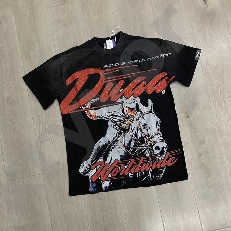 Men Vintage Washed Black Short Sleeve T Shirt Polo Horse Rider Graphic Print Crew Neck Tee Retro Distressed Oversized Cotton T Shirt Letter Rhinesto