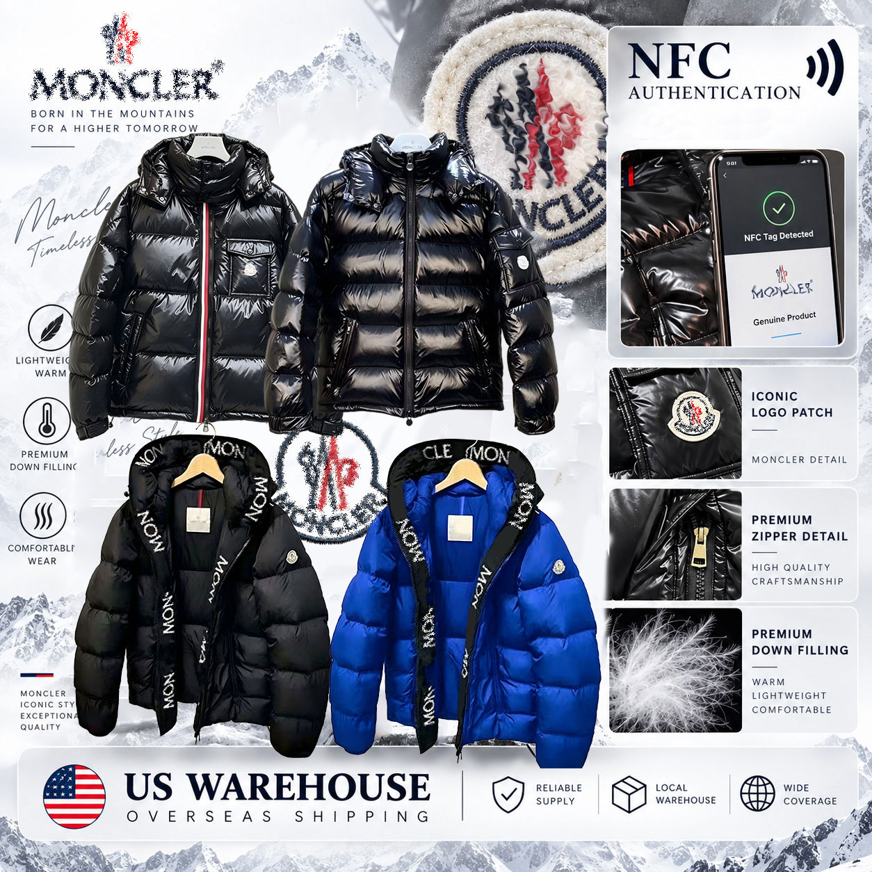 mconc ler puffer jacket men jacket with NFC Down Jacket Men's Classic White cool and trendy shiny doudoune Down Thick Insulated Warmth Keeping