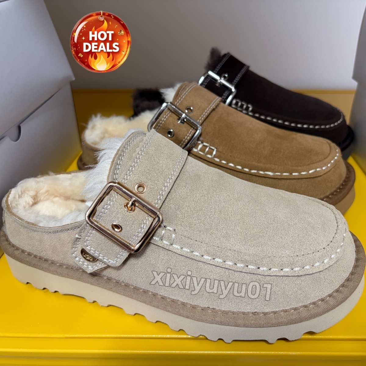 Chestnut Tazz Tasman Fur Slides Mules Suede Upper Sheepskin Shearling Lined Ultra Mini Platform Slip-on Boots for Women & Men Cozy Winter House Shoe