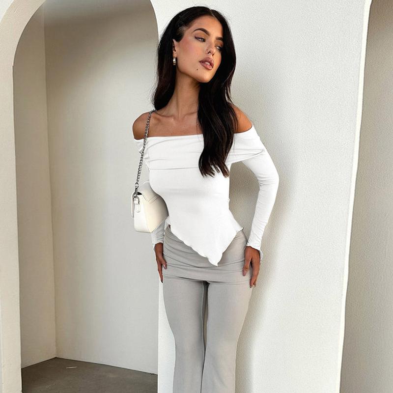 Women Sexy Off Shoulder Long Sleeve Top 2024 Spring Slim Fit Cropped T-Shirt Solid Color Casual Blouse