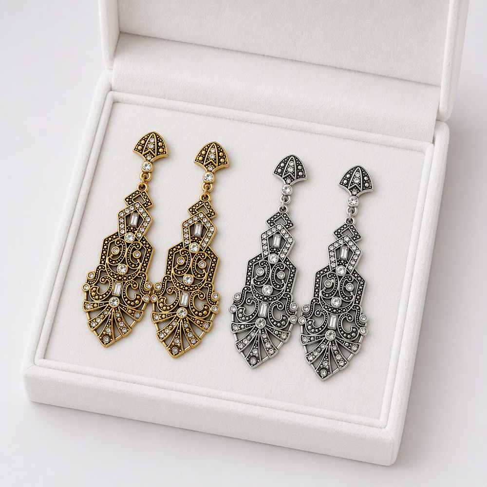 Boucles d'oreilles antiques plaquées argent, Long éventail en filigrane cristal strass Vintage goutte dames cadeau vente en gros en vrac
