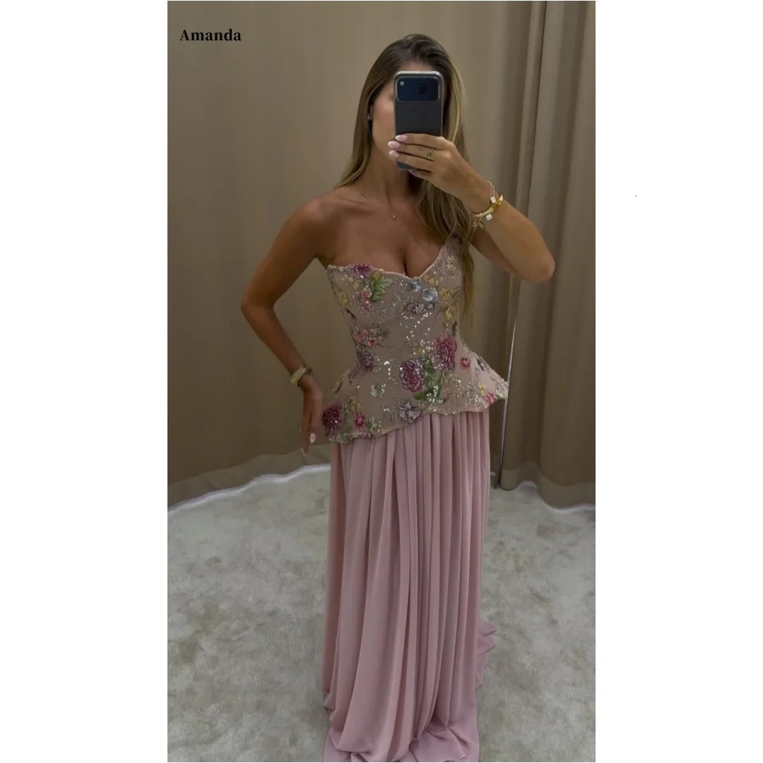 Amanda Customized Blush Pink Strapless Floral Embroidery Sequin Waist Chiffon Maxi vestidos de noche Elegant Formal Evening 260929