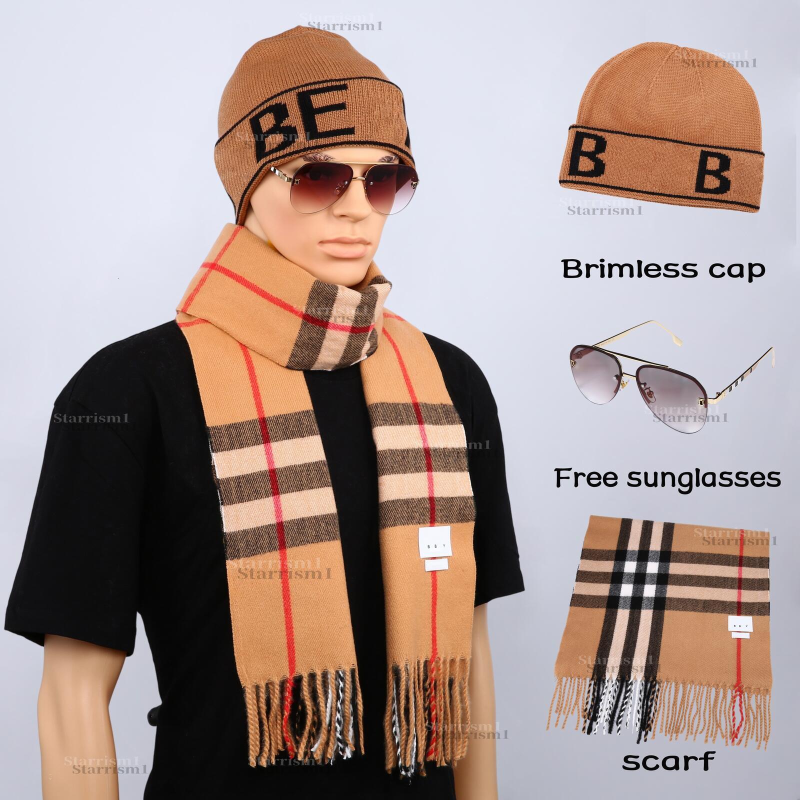 Con gafas de sol gratis, gorro de punto, bufanda y gafas de sol, conjunto de 3 piezas, gorro con puños con letras, bufanda con flecos a cuadros, con