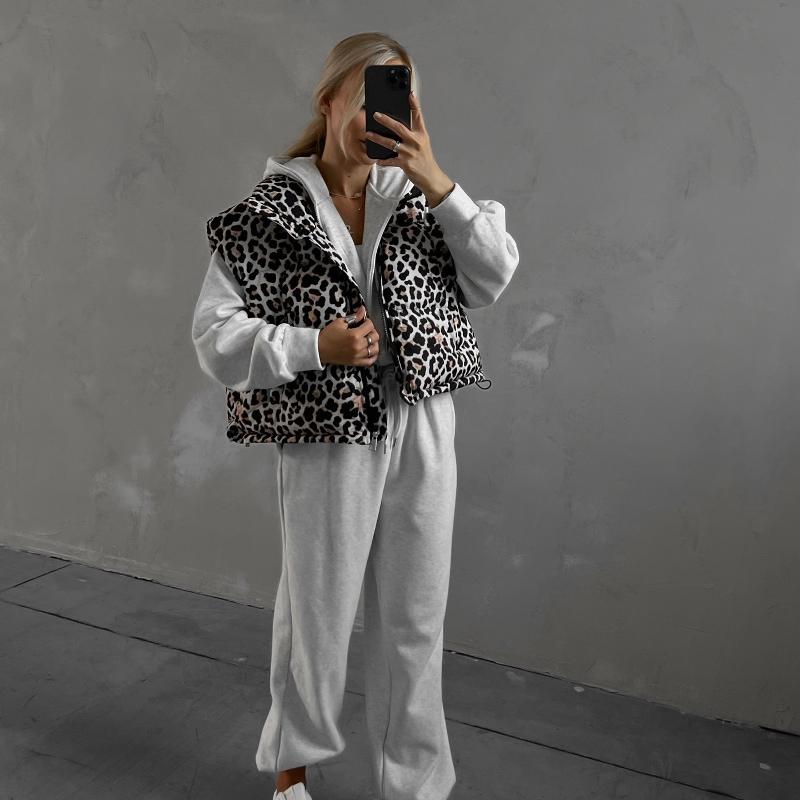 Women Leopard Print Puffer Vest Stand Collar Sleeveless Zip Up Gilet Drawstring Hem Loose Fit Casual Warm Outerwear Waistcoat