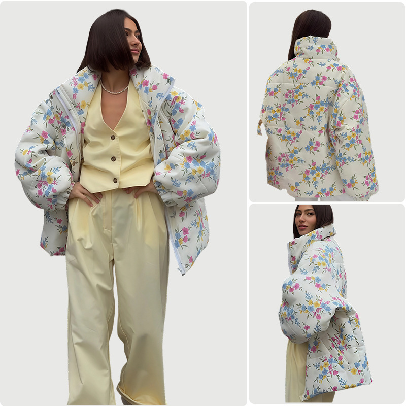 Women's Puffer Jacket Printed cotton coat Stand Up Collar Zipper Closure Floral Print Warm Cotton Filled Coat Oversized Autumn Winter