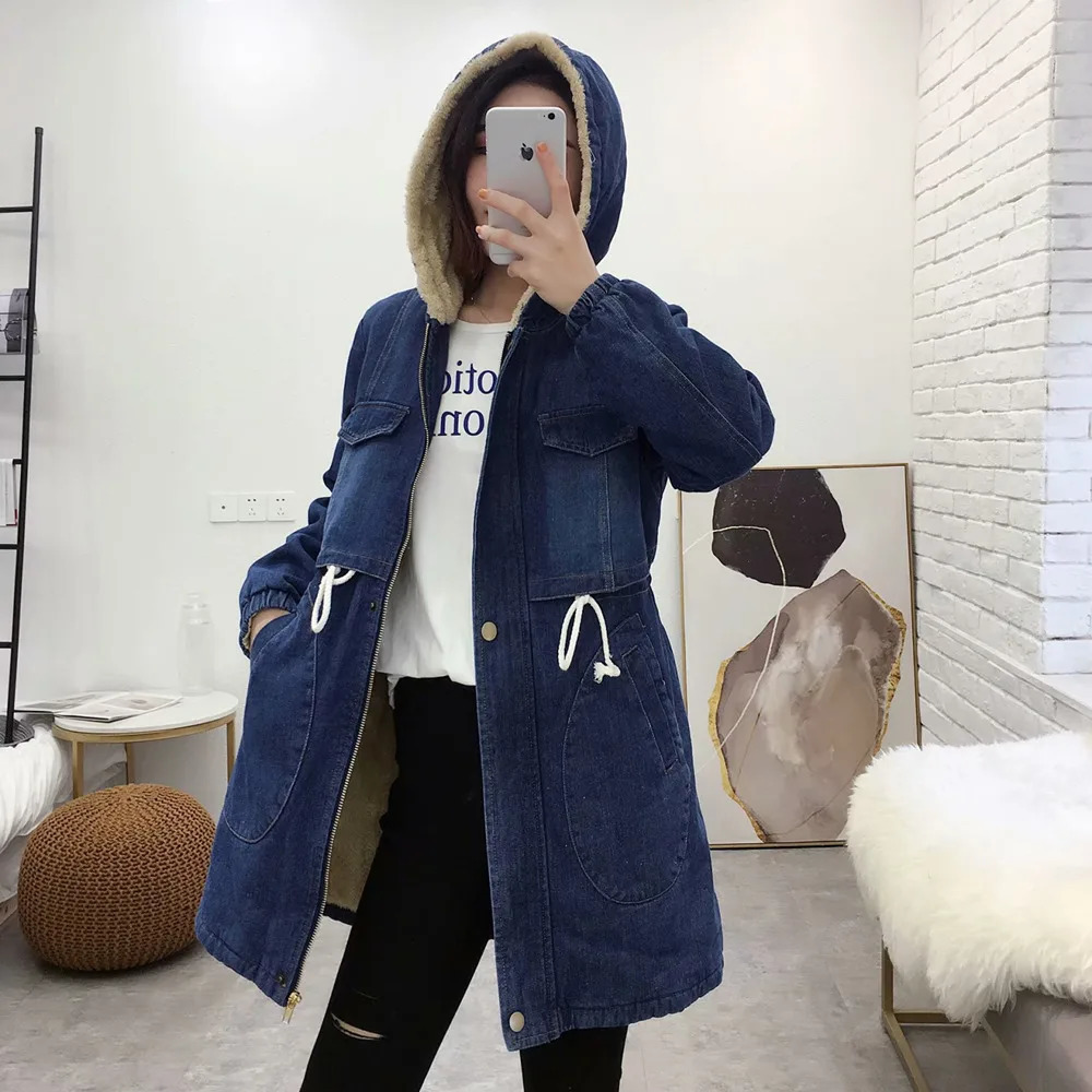 Women Denim Jacket Winter Fashion Warm Thicken Plus Velvet Cotton Parkas Coat Loose Hooded Long Tops Outerwear Female 260929