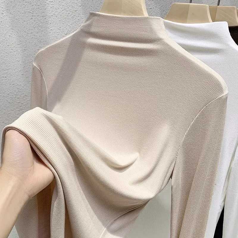 Designer Turtleneck Women's T-Shirt Women Half Ribbed Long Sleeve T-shirt Double-sided Fleece Warm Slim Fit Basic Layering TopsW260929