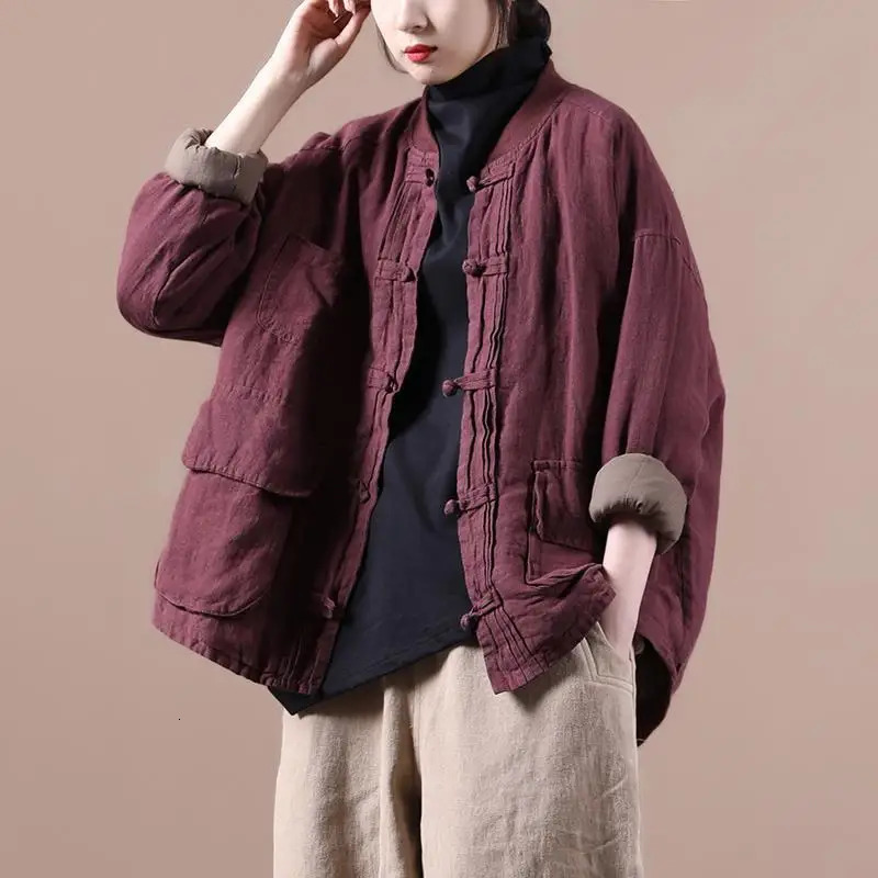 Ethnic Style Retro Frog Cotton Coat Women Autumn Winter Chinese Solid Color Longsleeved Loose Casual and Linen Parkas 260929