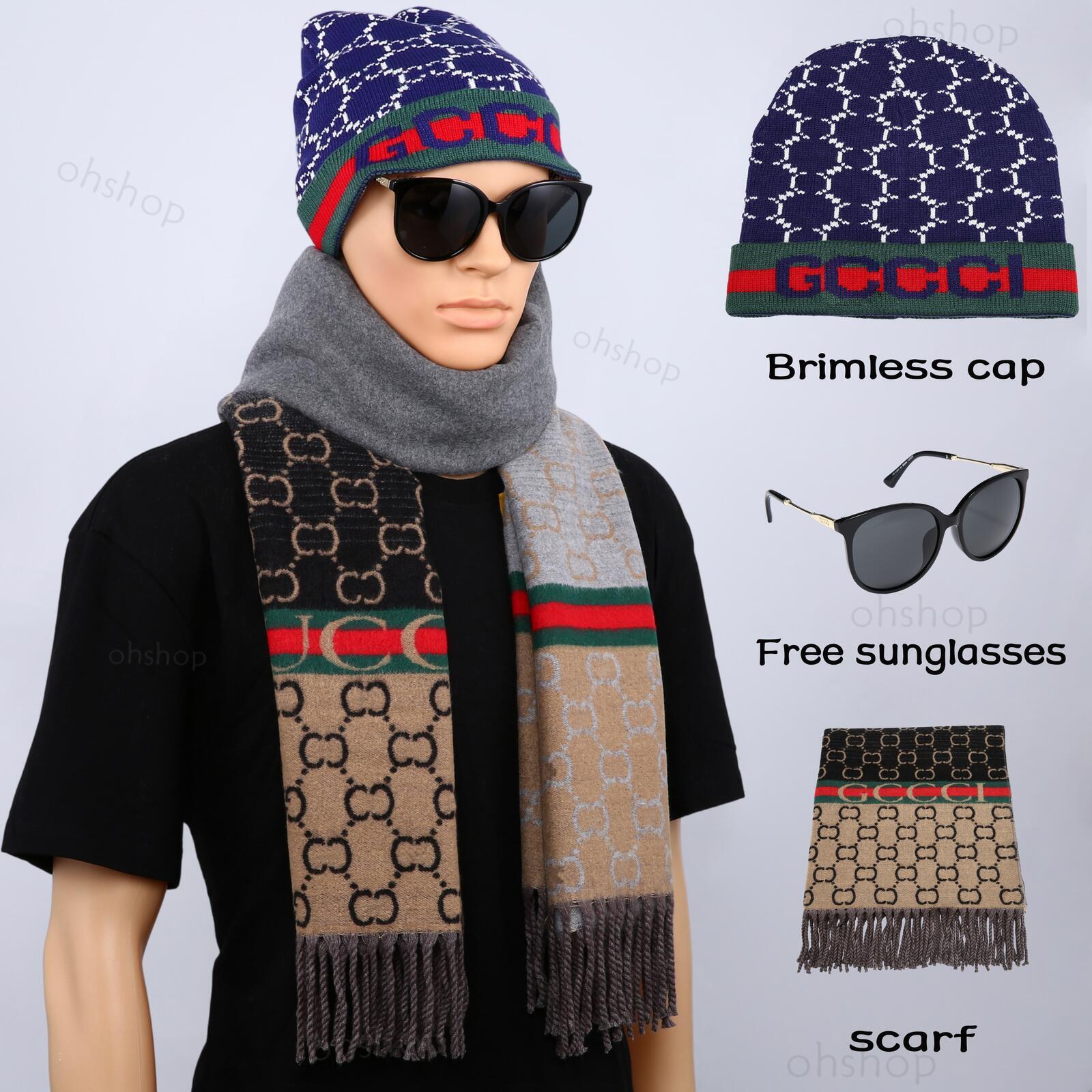 with Free Sunglasses Knit Beanie and Scarf Set Cuffed Brimless Hat Classic letters Pattern Fringe Scarf Autumn Winter Accessories Gift for Men and W